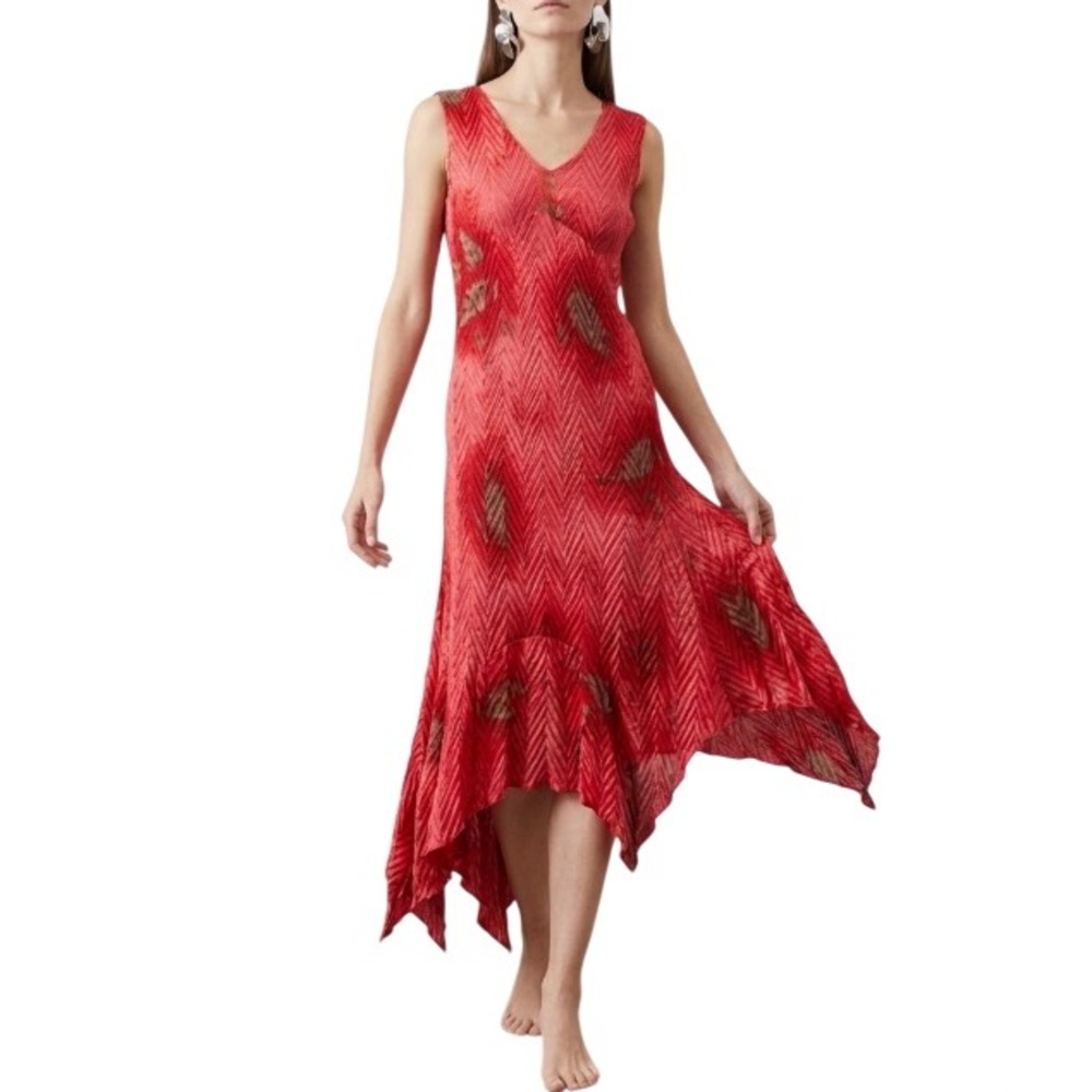 Komarov Midi Dress Small Y2K Crinkle Dress High Low Lettuce Hem Flowy
